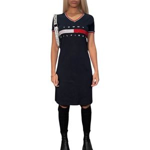 Tommy Hilfiger Cotton V-neck Navy Dress with Rhinestones (XS-M) T shirt Dress
